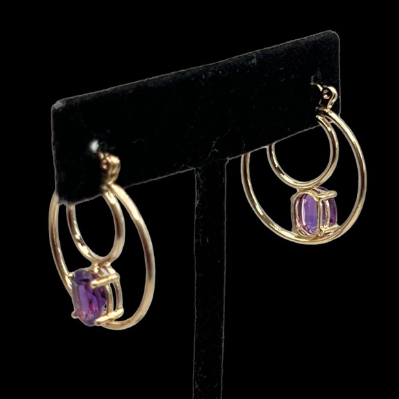 14k Solid Gold Amethyst Double Hoop  Earrings - Picture 10 of 15